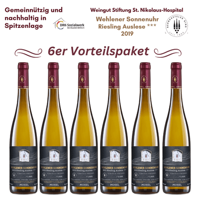 Vorteilspaket Wehlener Sonnenuhr 6 Flaschen  Riesling Auslese Jahrgang 2019 Weingut Stiftung St. Nikolaus-Hospital