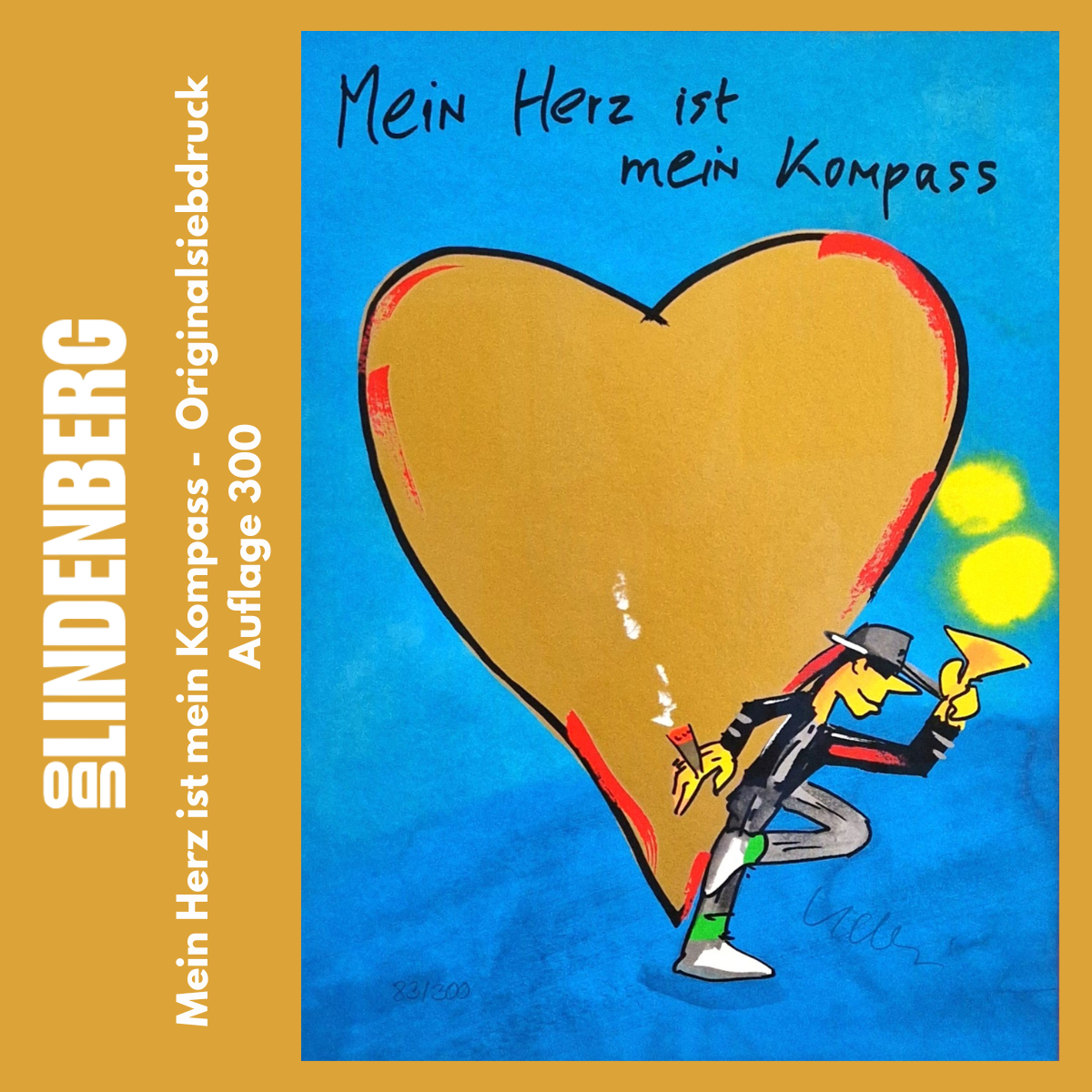 Udo Lindenberg Grafik „Mein Herz ist mein Kompass“ – handsignierter Fine Art Print, limitierte Auflage