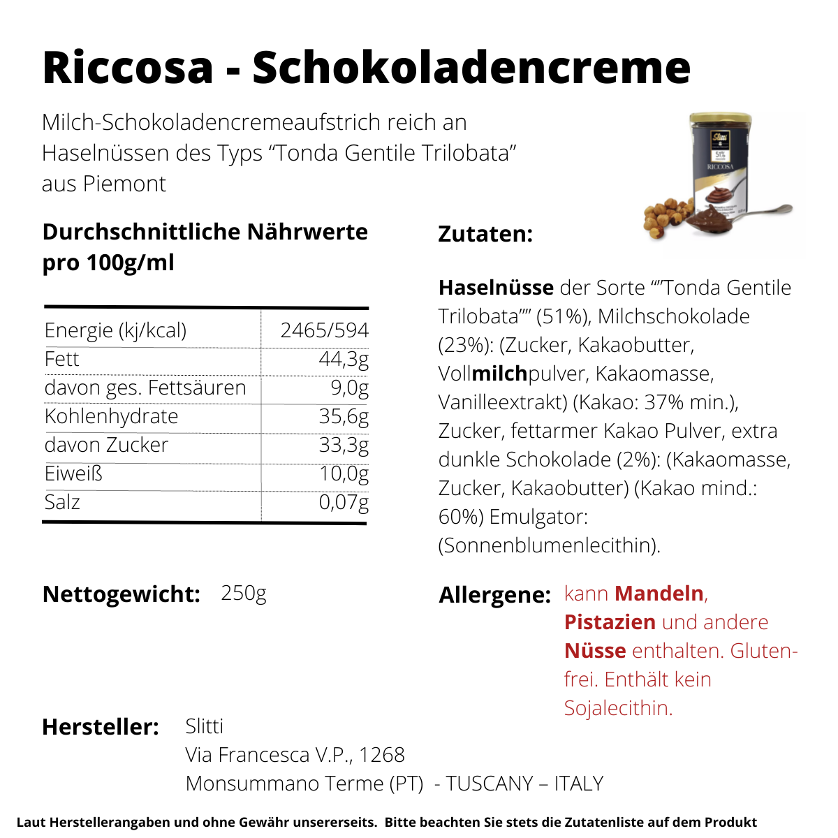Slitti Riccosa - Mehrfach preisgekrönte Haselnuss-Schokocreme 250g